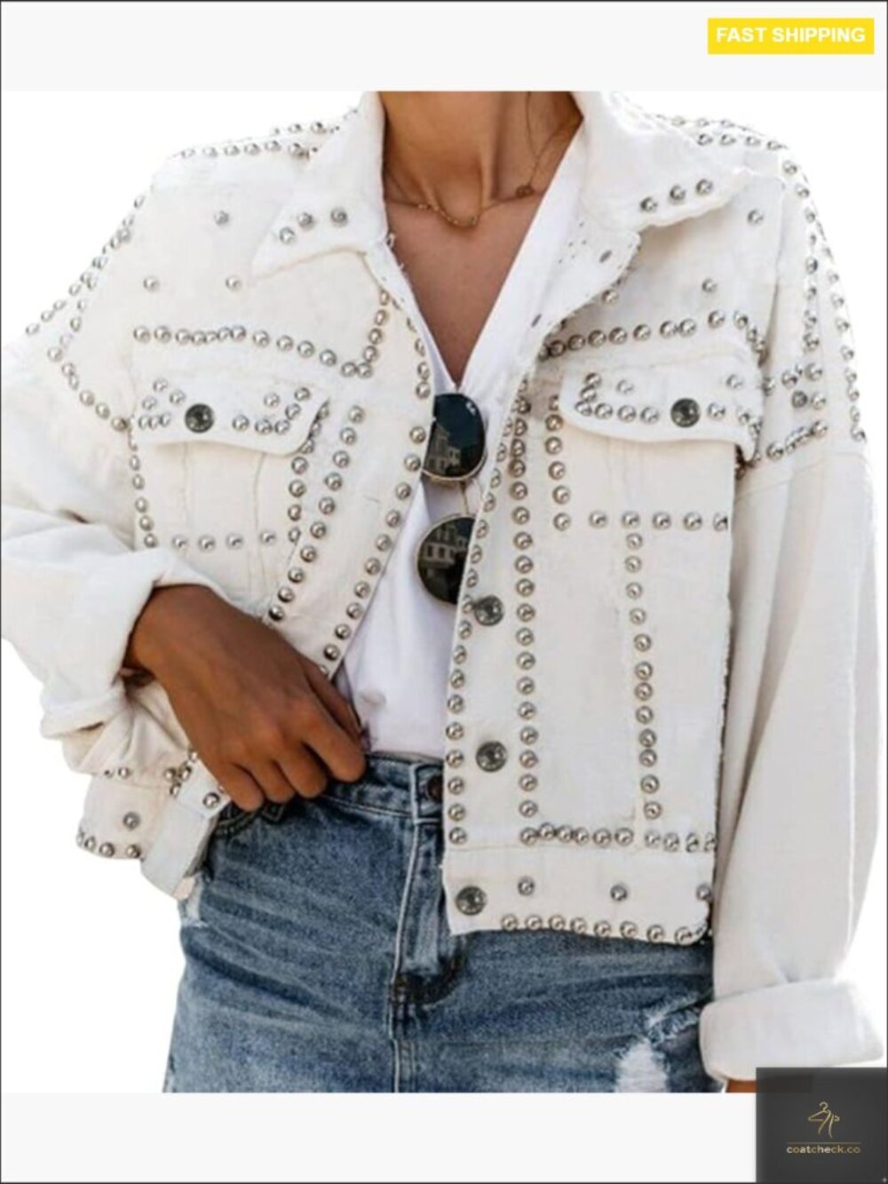 Studded Denim Jacket Short Casual Button Up Ladies Western Jean Coat